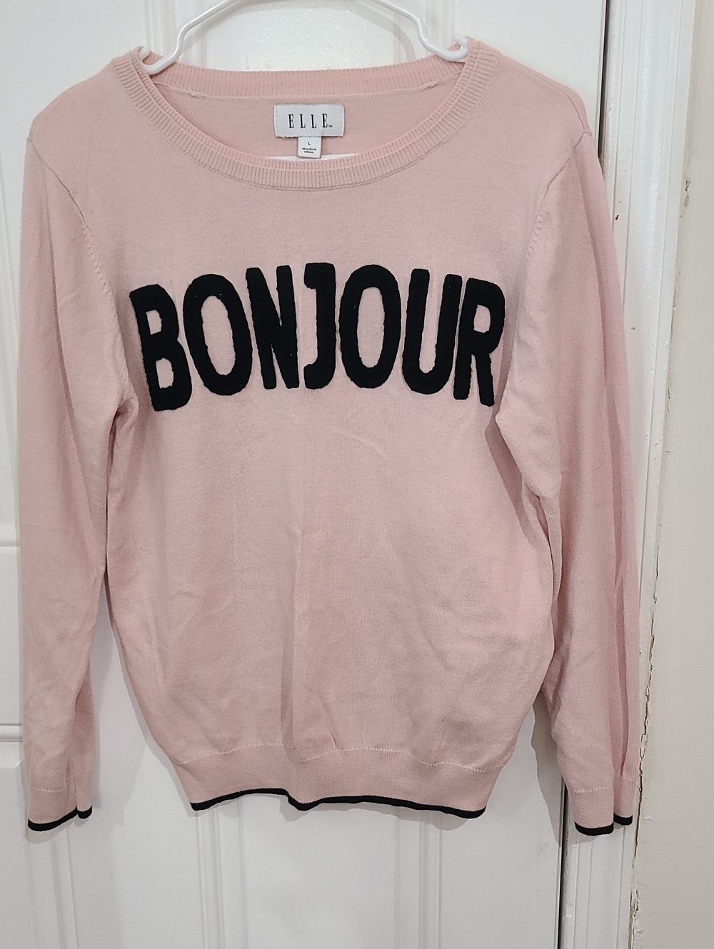ELLE Pink Crewneck Sweater with Black "BONJOUR" Lettering